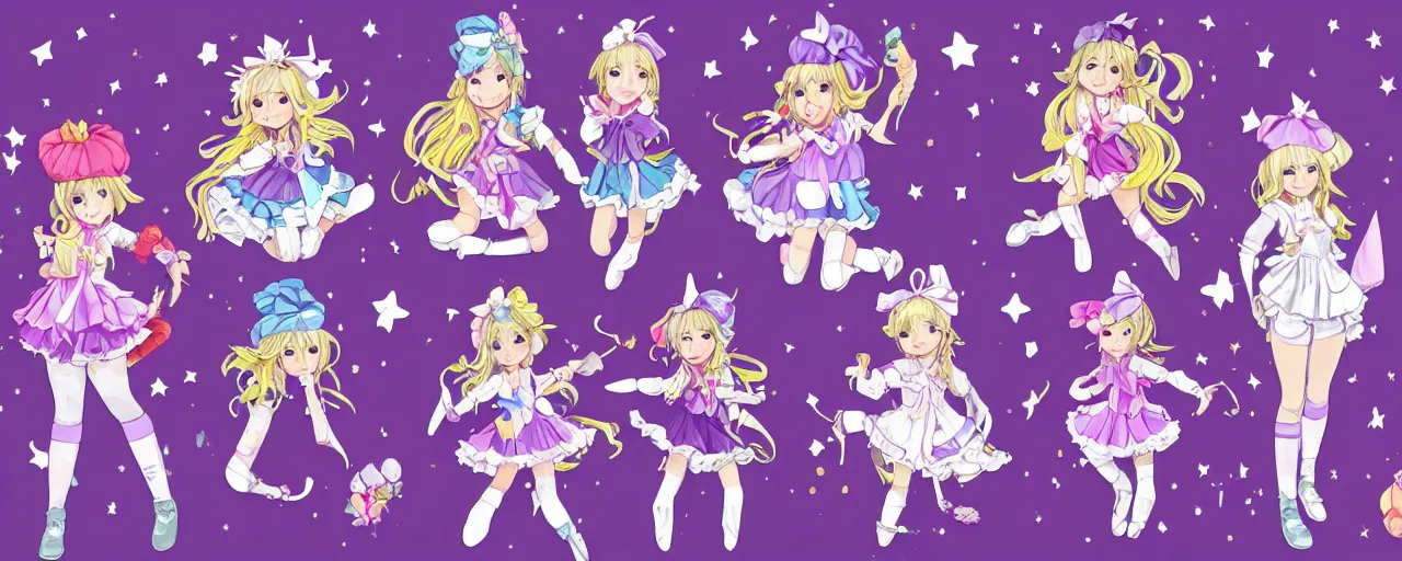 Image similar to A character sheet of full body cute magical girls with short blond hair wearing an oversized purple Beret, Purple overall shorts, Short Puffy pants made of silk, pointy jester shoes, a big billowy scarf, and white leggings. Rainbow accessories all over. Flowing fabric. Ruffles and Bows. Petticoat. Covered in stars. Short Hair. Art by Johannes Helgeson and william-adolphe bouguereau and Paul Delaroche and Alexandre Cabanel and Lawrence Alma-Tadema and WLOP and Artgerm and Shoichi Aoki. Fashion Photography. Decora Fashion. harajuku street fashion. Kawaii Design. Intricate, elegant, Highly Detailed. Smooth, Sharp Focus, Illustration Photo real. realistic. Hyper Realistic. Sunlit. Moonlight. Dreamlike. Fantasy Concept Art. Surrounded by clouds. 4K. UHD. Denoise.