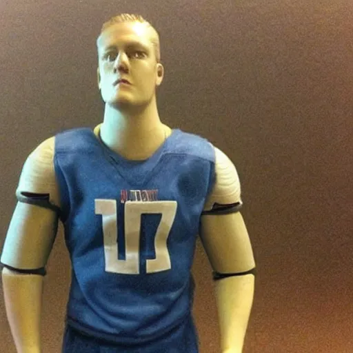 Image similar to “a realistic detailed photo of a guy who is an attractive humanoid who is half robot and half humanoid, who is a male android, football player JJ Watt, shiny skin, posing like a statue, blank stare”