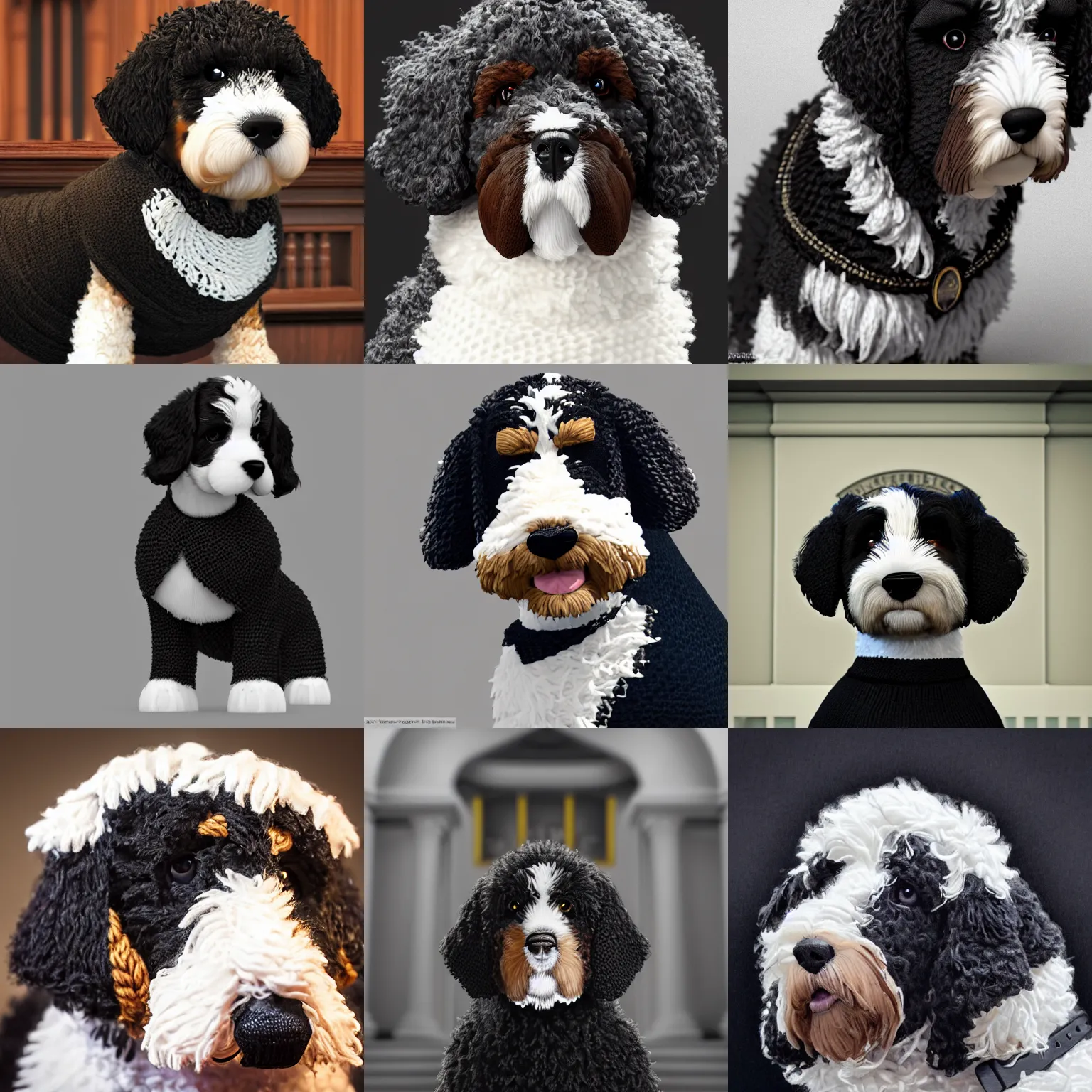 Prompt: a closeup photorealistic illustration of a distinguished knitted bernedoodle judge puppy dressed in a black gown and presiding over the courthouse. scales of justice. this 4 k hd image is trending on artstation, featured on behance, well - rendered, extra crisp, features intricate detail, epic composition and the style of unreal engine.