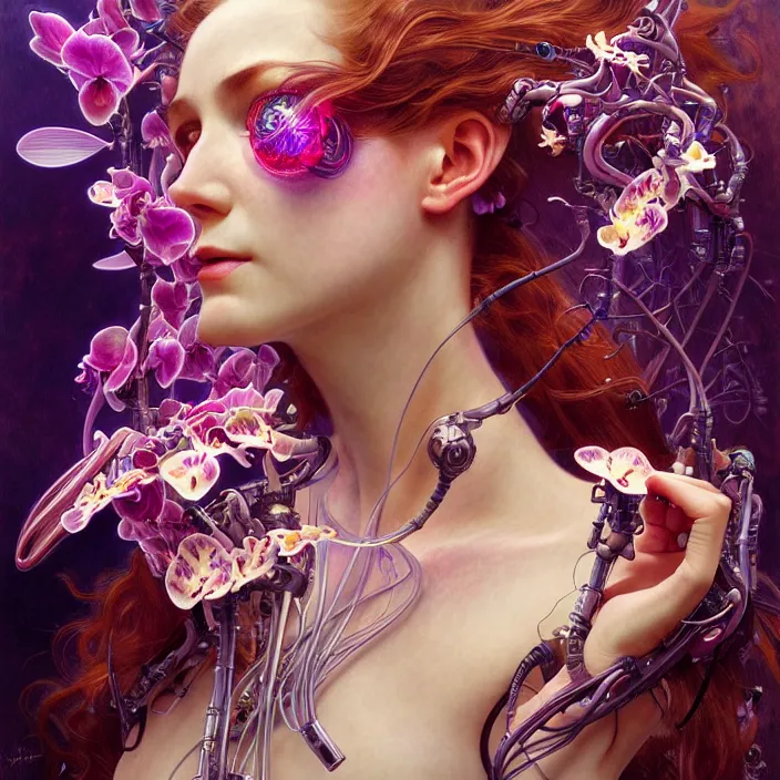 Image similar to malfunctioning psychedelic organic cyborg orchid, diffuse lighting, fantasy, intricate, elegant, highly detailed, lifelike, photorealistic, digital painting, artstation, illustration, concept art, smooth, sharp focus, art by John Collier and Albert Aublet and Krenz Cushart and Artem Demura and Alphonse Mucha