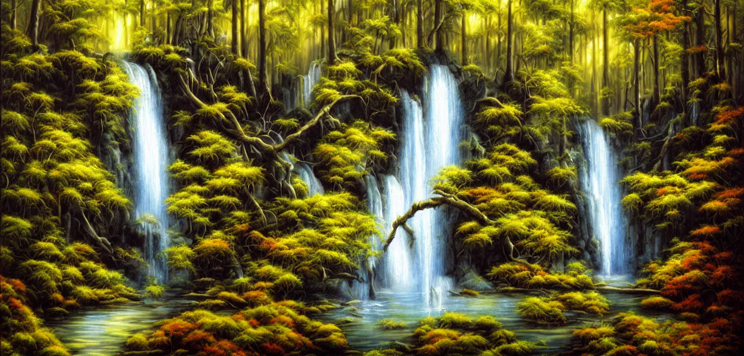 Image similar to a painting of a waterfall in a forest, an airbrush painting by terry redlin, deviantart, metaphysical painting, airbrush art, detailed painting, oil on canvas