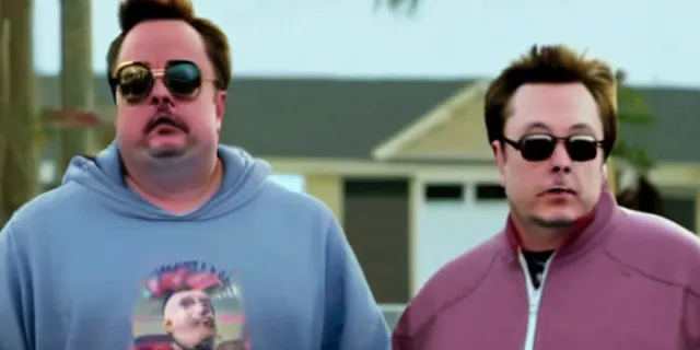 Image similar to full distant shot of bald elon musk in a tracksuit in trailer park boys