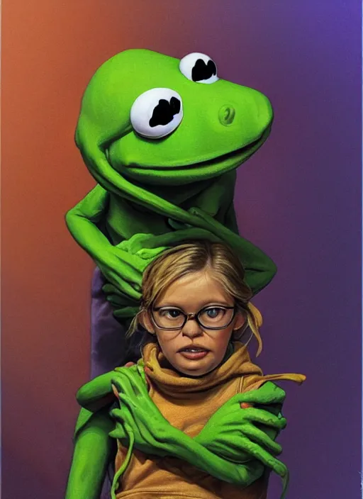 Image similar to portrait of Kermit the frog in ExistenZ (1999), highly detailed, centered, solid color background, digital painting, artstation, concept art, smooth, sharp focus, illustration, artgerm, donato giancola, Joseph Christian Leyendecker, Les Edwards, Ed Repka, WLOP, Artgerm