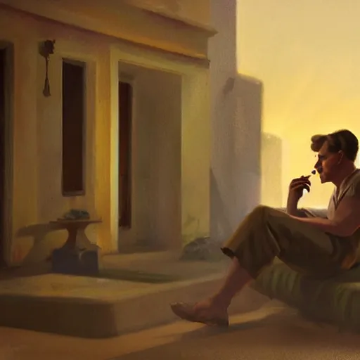 Prompt: a highly detailed epic cinematic concept art CG render: Emil from Lönneberga as a 1950s tired disillusioned poet, barefoot, smoking a cigarette. volumetric lighting. In the style of Edward Hopper
