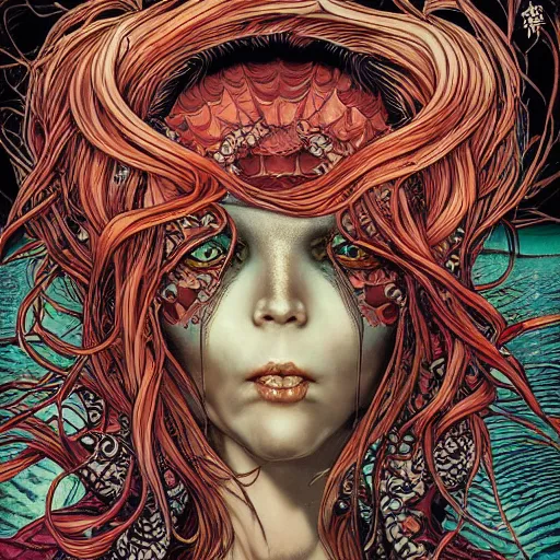 Image similar to portrait of crazy mermaid, symmetrical, by yoichi hatakenaka, masamune shirow, josan gonzales and dan mumford, ayami kojima, takato yamamoto, barclay shaw, karol bak, yukito kishiro