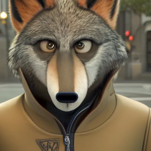 Prompt: portrait, 3d render , anthropomorphic wolf male , wearing along brown leather jacket , in the style of Zootopia