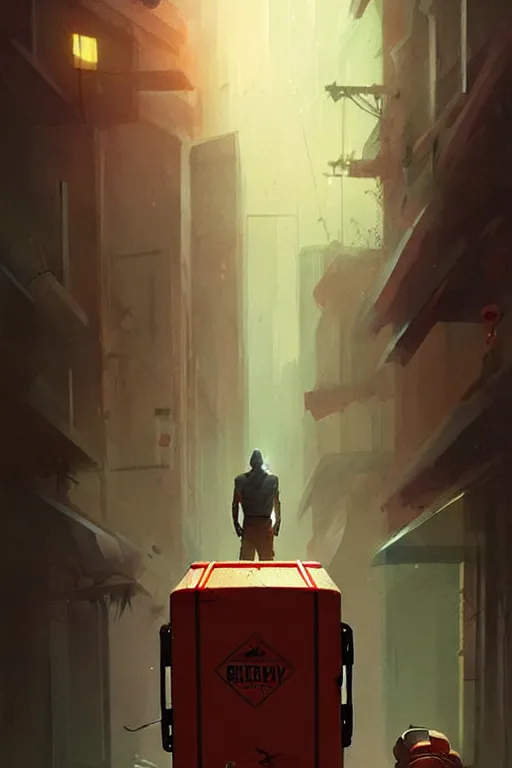 Image similar to greg rutkowski poster sci fi pizza delivery man