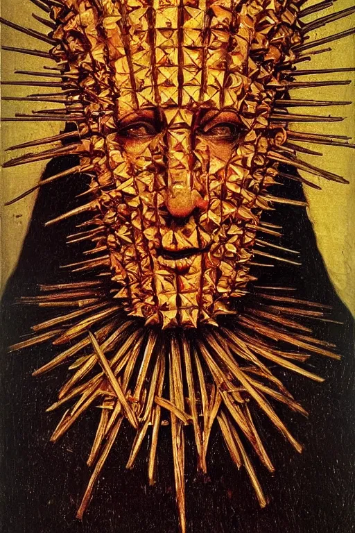 Image similar to portrait of pinhead hellraiser, oil painting by jan van eyck, northern renaissance art, oil on canvas, wet - on - wet technique, realistic, expressive emotions, intricate textures, illusionistic detail