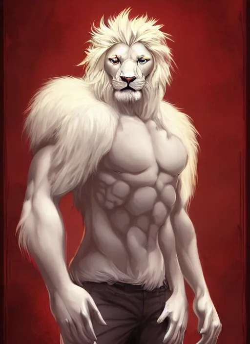 Image similar to aesthetic portrait commission of a of a male fully furry muscular anthro albino lion blindfolded in an asylumn horror art. Character design by charlie bowater, ross tran, artgerm, and makoto shinkai, detailed, inked, western comic book art, award winning film poster painting