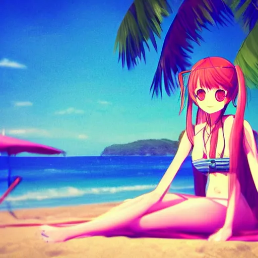 Image similar to monika of doki doki literature club relaxing at the beach | gelbooru image database | sankakucomplex image database | shuushuu image database | safebooru digital art image | trending on instagram | behance colored background stunning | konachan 1 0 8 0 p wallpaper