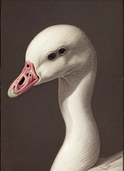 Image similar to portrait of a goose with translucent skin, visible muscles and veins and arteries and bones and spines and nerves, beautiful detailed intricate insanely detailed octane render, 8k artistic photography, photorealistic, chiaroscuro, by David Cronenberg, Raphael, Caravaggio