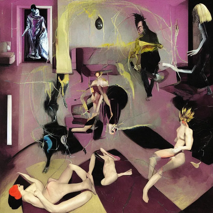 Image similar to Man and woman start to bounce in a living room of a house, floating dark energy surrounds the middle of the room. There is one living room plant to the side of the room, surrounded by a background of dark cyber mystic alchemical transmutation heavenless realm, cover artwork by francis bacon and Jenny seville, midnight hour, part by adrian ghenie, part by jeffrey smith, part by josan gonzales, part by norman rockwell, part by phil hale, part by kim dorland, artstation, highly detailed