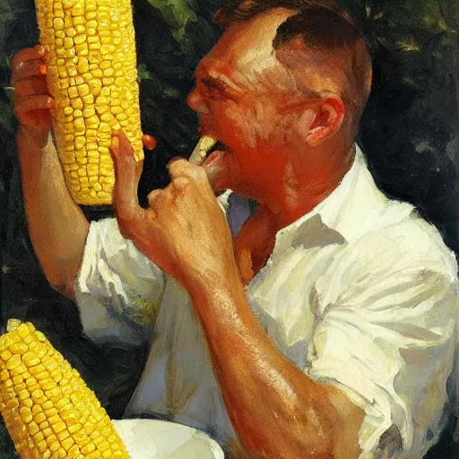 Prompt: a highly detailed beautiful portrait of man enjoying corn on the cob, by gregory manchess, james gurney, james jean