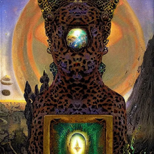 Prompt: extraterrestrial divine godly witch's garden square leopard tequila ophanim entree, by arnold bocklin and guido borelli da caluso and h. p. lovecraft, tarot card, quantum wavetracing, postmodern