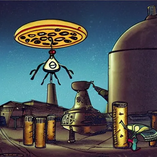 Prompt: a steampunk UFO abducting a pizza from a factory, sci-fi