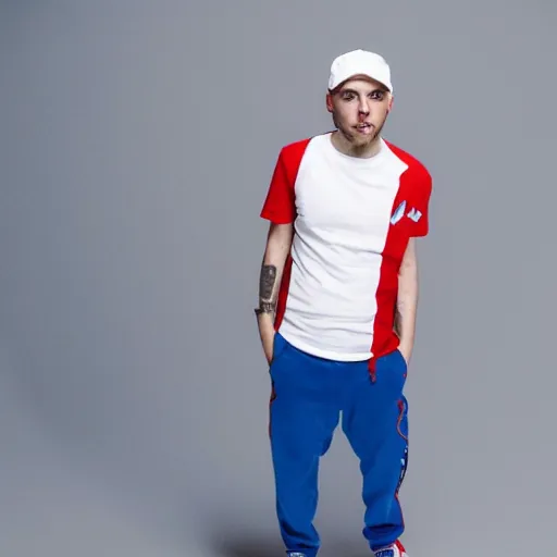 Prompt: a full body shot of an average white, short young - adult man with blue colored hair, wearing a red backwards cap, white t - shirt with a red no symbol on it, blue long pants and red shoes, holding a microphone, studio lighting, photoshoot, grey background