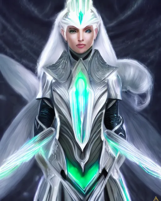 Image similar to perfect white haired attractive egyptian goddess, warframe armor, beautiful, symmetric, dreamy, half asian, pretty face, green eyes, charlize theron, detailed, scifi platform, laboratory, experiment, 4 k, ultra realistic, epic lighting, android body, illuminated, cinematic, masterpiece, art by akihito tsukushi, voidstar