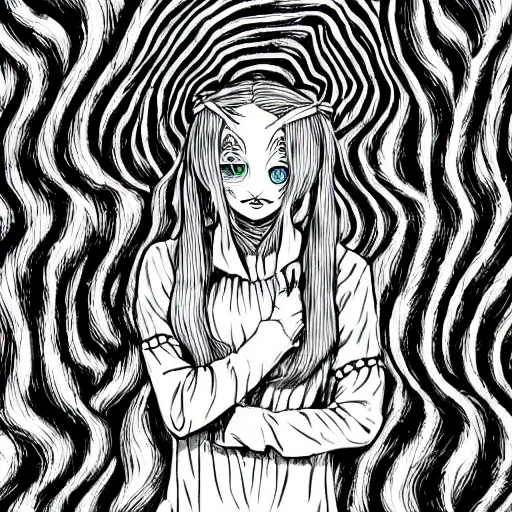 Image similar to Luna Lovegood in the style of Junji Ito. Manga. Black and white. Gothic. Horror. Exquisitely detailed. 4K.