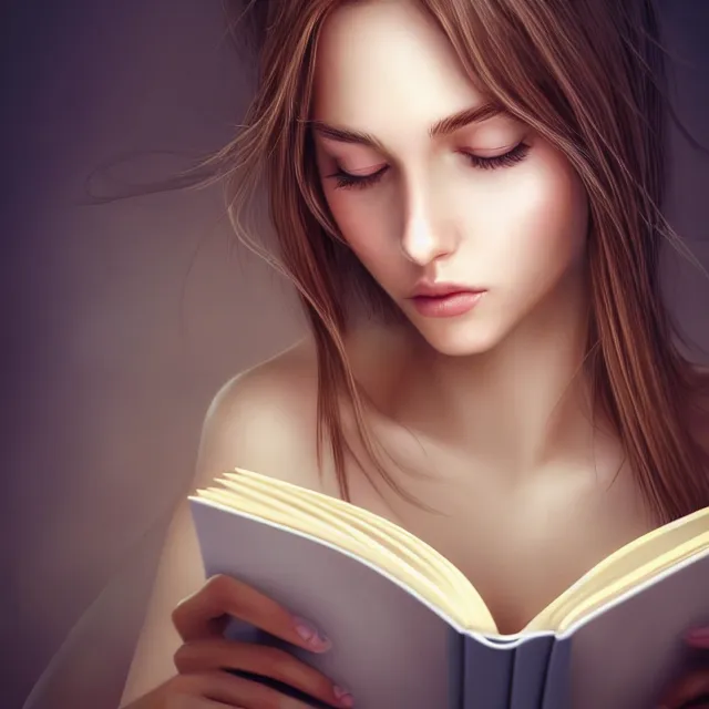 Image similar to beautiful girl reading a book, her hair flowing down, highly detailed, 4 k, hdr, smooth, sharp focus, high resolution, award - winning photo, artgerm, photorealistic