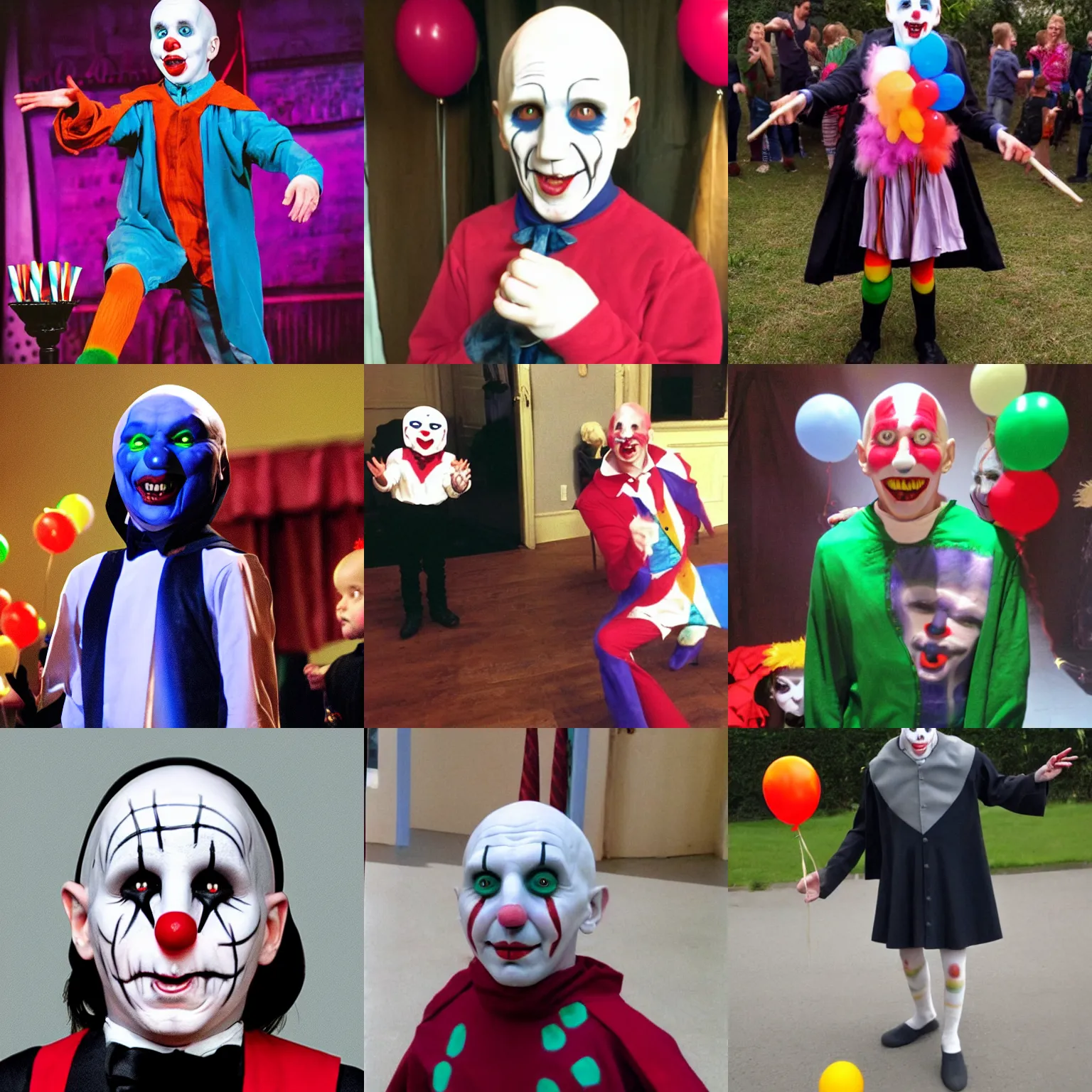Prompt: Voldemort as a children's birthday clown performing at a party