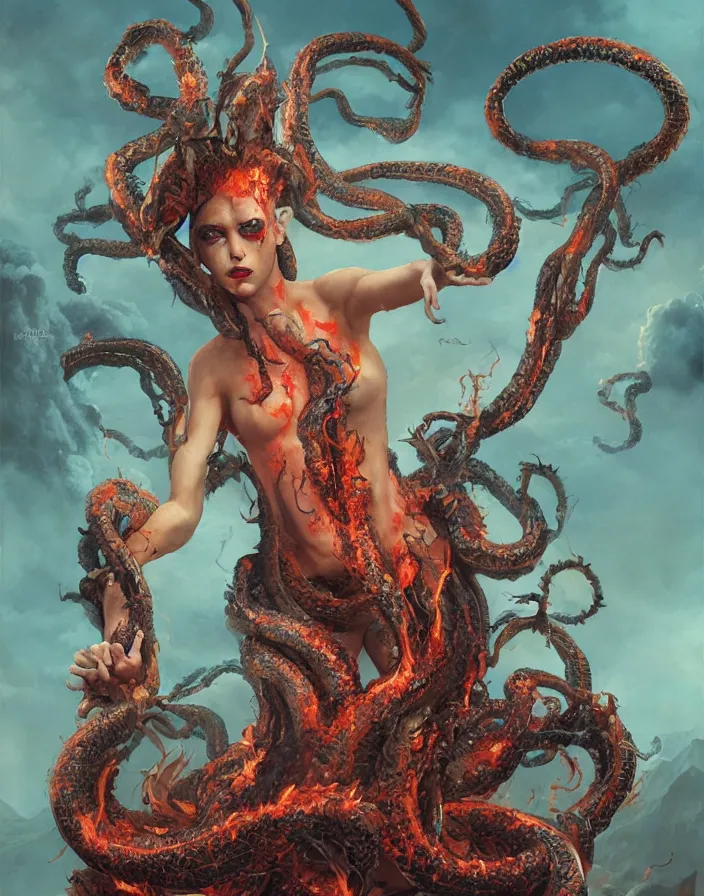 Prompt: a splatterpunk pose of a gorgon woman with flaming snakes for hair staring into a volcano, hyperrealistic, award-winning, in the style of Tom Bagshaw, Cedric Peyravernay, Peter Mohrbacher