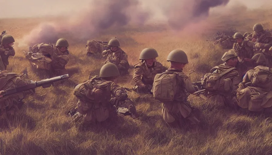 Image similar to 4 0's photos of winnie the pooh firing at german soldiers during d - day in normandy, hyperdetailed, artstation, cgsociety, 8 k