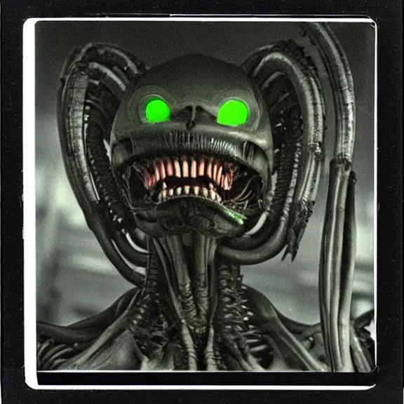 Prompt: a polaroid picture of a xenomorph with fluorescent flesh, polaroid pic by giger