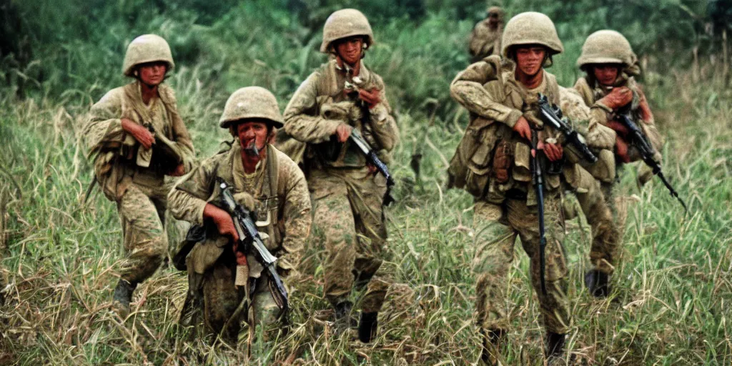 Image similar to u. s. marines move through a landing zone 1 9 6 9, vietnam war, soldiers closeup, face closeup, us flag, jungles in the background, coloured film photography, exposed colour film, ken burns photography lynn novick photography