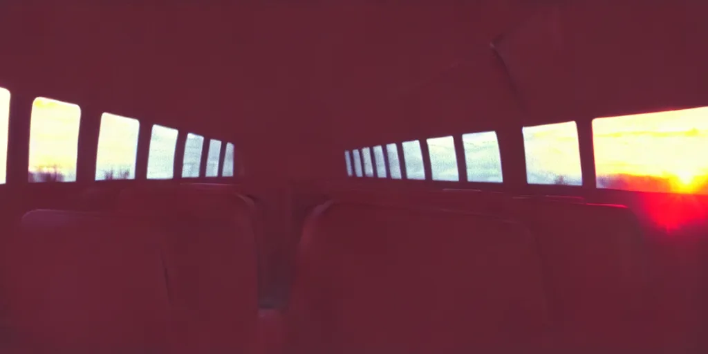 Image similar to greyhound bus interior, sunset, eerie vibe, leica, 2 4 mm lens, cinematic screenshot from the 2 0 0 1 film directed by charlie kaufman, kodak color film stock, f / 2 2, 2 4 mm wide angle anamorphic