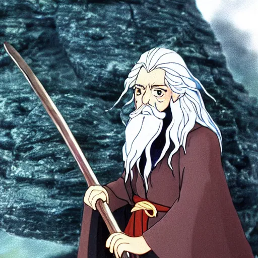 Image similar to gandalf from the anime lord of the rings (1986), holding a wooden staff, studio ghibli, very detailed, realistic