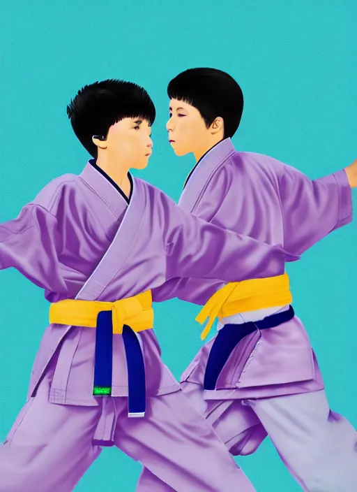 Image similar to two beautiful identical twin boys fighting karate on an hill wearing their kimono, digital illustration, glowing colors, realistic