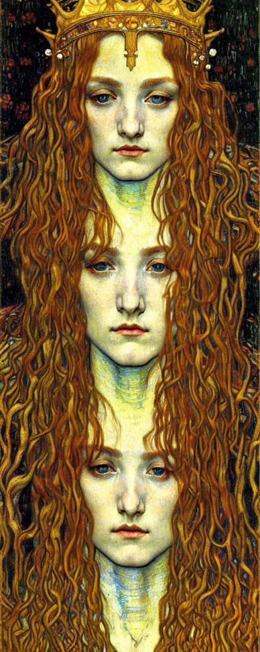 Image similar to detailed realistic beautiful young medieval queen face portrait by jean delville, gustav klimt and vincent van gogh, art nouveau, symbolist, visionary, gothic, pre - raphaelite, muted earthy colors, desaturated