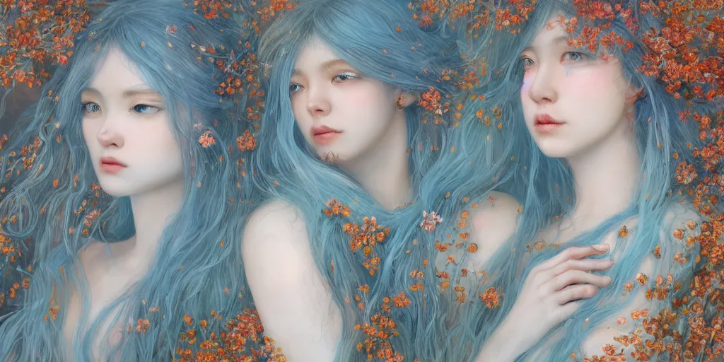 Image similar to breathtaking detailed concept art painting portrait of two hugs goddess of light blue flowers, carroty hair, orthodox saint, with anxious piercing eyes, ornate background, amalgamation of leaves and flowers, by hsiao - ron cheng, extremely moody lighting, 8 k