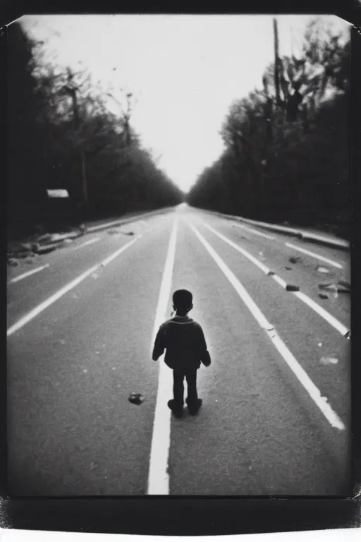 Image similar to photo polaroid of a sad and lonely child in the middle of a road of a city devastated by bombs , has a gun in his hand, loneliness,war, black and white ,photorealistic, 35mm film,