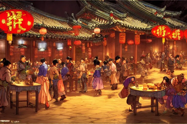 Prompt: fantasy art of a bustling tavern in china, at night, by masamune shirow, highly detailed digital art, trending on artstation