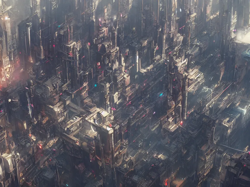 Image similar to looking down on the cyberpunk city from a battleship. cinematic scene, hyperdetailed, extra wide, japanese animation, greg rutkowski, james gurney, johannes voss, marc simonetti on artstation.