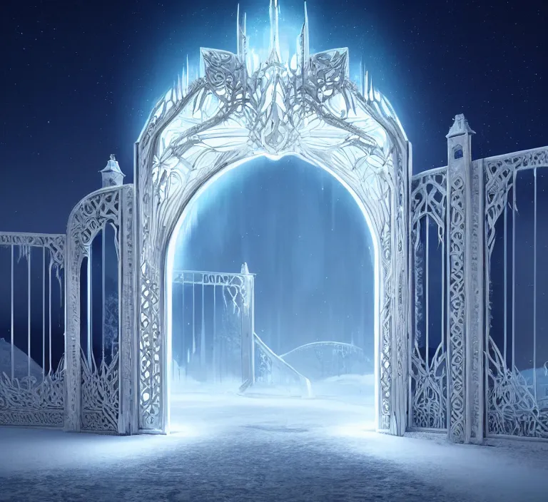 Image similar to a very detailed concept art of intricate and modern white gates to aurora borealis infused with magic, dynamic lighting trending on artstation, symmetry, digital art, 4 k, hyper realistic, octane render, sharp focus