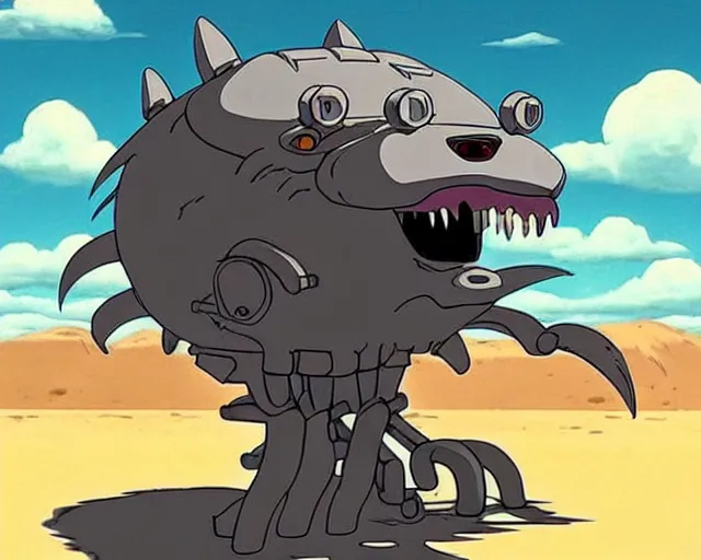 Image similar to “ a cell shaded cartoon grey lovecraftian mechanized wolf from howl's moving castle ( 2 0 0 4 ) with a big head, on a desert road, wide shot ”