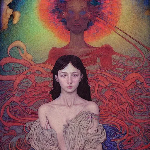 Image similar to A young Kiki from Kikis delivery service pre-raphaelite defined colours , Ivan Bilibin, Austin Osman Spare, high quality, ultra detailed. Beksinski painting, art by Takato Yamamoto. masterpiece, oil on canvas painting, pixelart, pixel sorting, datamosh, glitch. vivid acid neon colours. Futurism by beksinski carl spitzweg moebius and tuomas korpi. baroque elements. baroque element. intricate artwork by caravaggio. Oil painting. 3d rendered in octane. cinematin, pixiv, unreal5, 8k