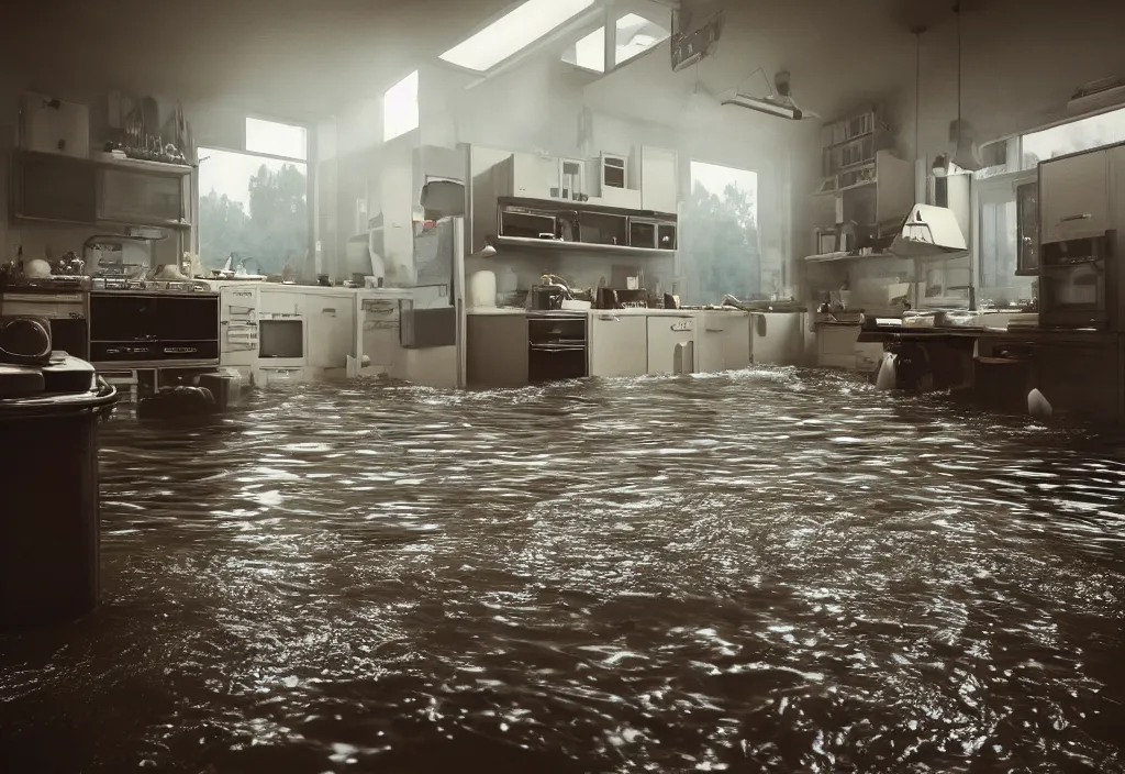Image similar to kodak portra 4 0 0 photographic and realistic, 7 0's kitchen, detailed, octane render, unreal engine, 4 k, artstation, hyper realistic, wide angle, floor flooded, how a river, astronaut, objects that float, 3 5 mm, sharp focus, soft light, volumetric light fog, in the style of gregory crewdson