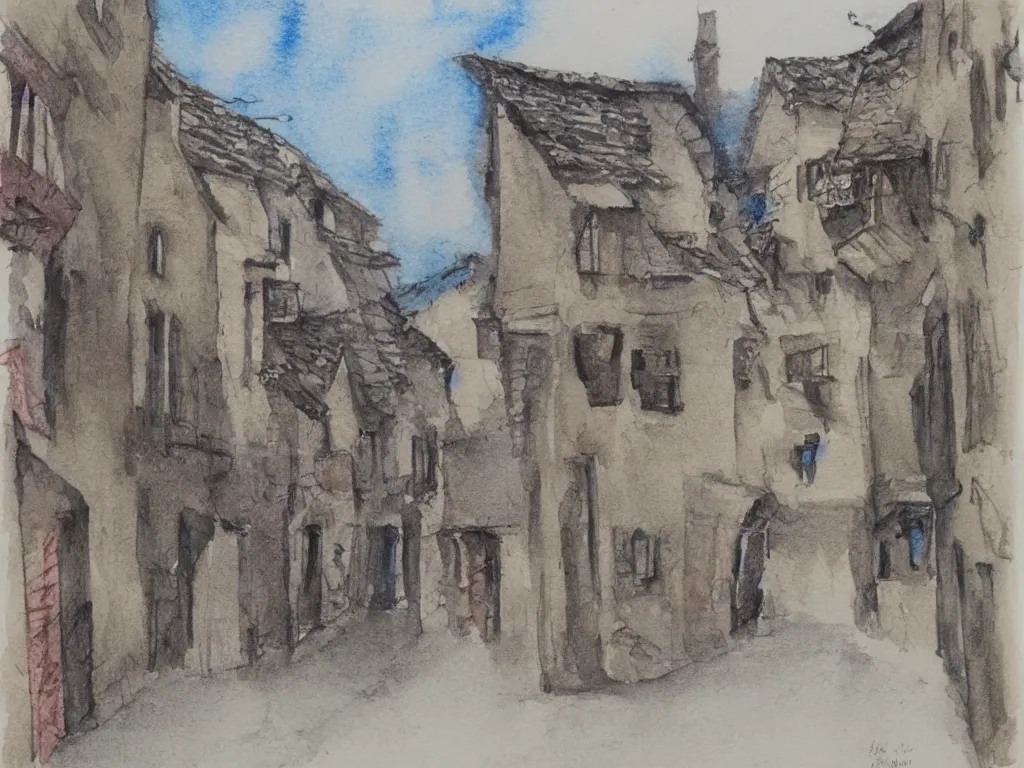 Image similar to a street in a old small village, pencil and watercolor