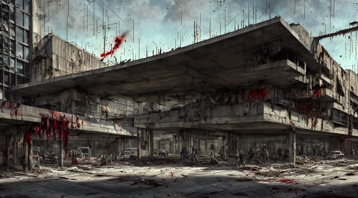 Image similar to post apocalyptic shopping center, building, avenue, extremely detailed, sharp focus, fine details, realistic shaded, depth of field, colorful, modern contemporary americana concrete architecture, by pascal blanche, greg rutkowski, shaddy safadi, neil blevins, trending on artstation, high quality, photorealistic, blood stains, crumbling, silhouettes