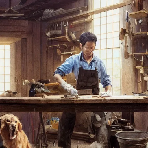 Prompt: highly detailed oil painting | very intricate | cinematic lighting | award - winning | golden retriever working as a simple carpenter fine craftsman | building a wooden table in their well organized clean workshop | beautiful cinematic light, american romanticism, by huang guangjian, gil elvgren, ruan jia, randy vargas, greg rutkowski, artstation, cgsociety, official art, octane