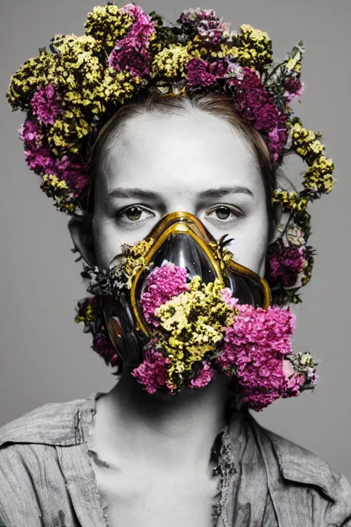 Prompt: a surreal portrait of a woman wearing gas mask melting into a wall of flowers in the style of brooke didonato, editorial fashion photography from vogue magazine, full shot, nikon d 8 1 0, ƒ / 2. 5, focal length : 8 5. 0 mm, exposure time : 1 / 8 0 0, iso : 2 0 0