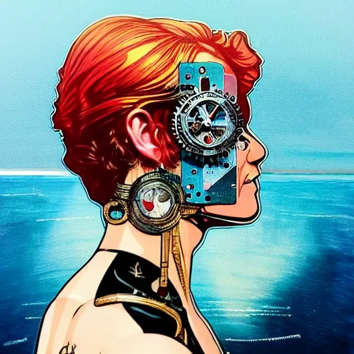 Prompt: portrait of britainwoman :: side profile :: in ocean :: clockwork details :: gold :: blood and horror :: by marvel and Sandra Chevrier