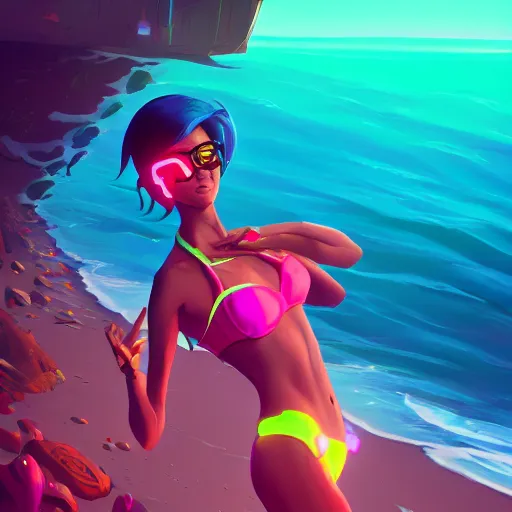 Image similar to neon bikini woman in the ocean | hyperrealistic digital painting by makoto shinkai, ilya kuvshinov, lois van baarle, rossdraws | afrofuturism in the style of hearthstone and overwatch, trending on artstation