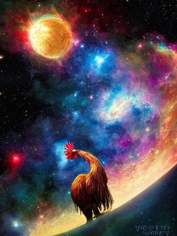 Image similar to a lone giant rooster, centered, floating in space, center of the universe, \ galaxy cosmic nebula, epic, volumetric light, hyperrealistic, glitter, mega detailed, beautiful composition, beautiful lighting, unreal render, 4 k, vincent di fate, john berkey, michael whelan