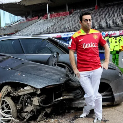 Image similar to xavi hernandez next to a crashed car, in estadio de vallecas