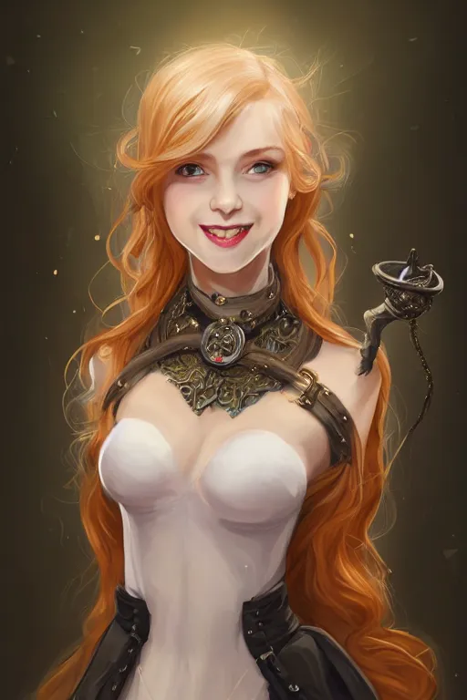 Prompt: portrait of a gorgeous young female artificer holding a strange device, looking at camera, D&D, choker on neck, stylish dress, mouth slightly open, cute slightly nerdy smile, very long flowing hair, intricate, elegant, stylish, fantasy, extremely detailed, digital painting, artstation, concept art, smooth, sharp focus, illustration, stunning lighting, art by artgerm and greg rutkowski and alphonse mucha and simon stalenhag