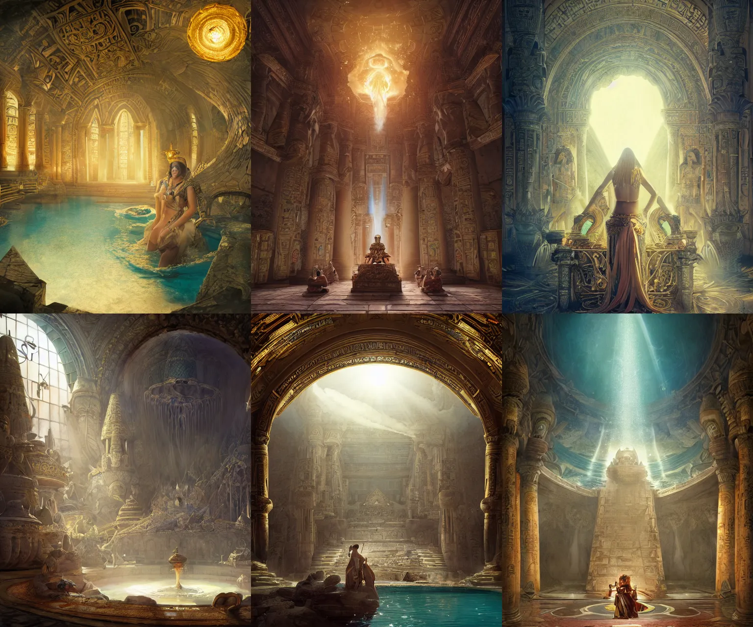 Prompt: fantasy movie scene andreas rocha and canaletto and noriyoshi ohrai and mucha detailed digital art of ornate and royal egyptian antechamber tomb, cleopatra in a circular pool with an erupting galaxy, epic atmosphere, sharp sunray lighting, cinematic lighting, fine details, 4 k, unreal engine, hyperrealism, cinematic composition, blender render, realistic, detailed textures